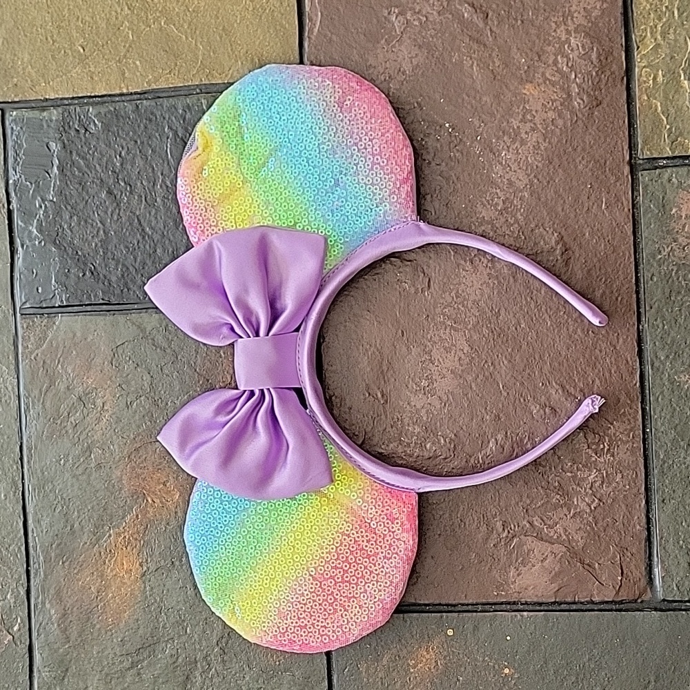DISNEY Minnie Mouse Ears Headband, rainbow ears with a purple bow, NWOT